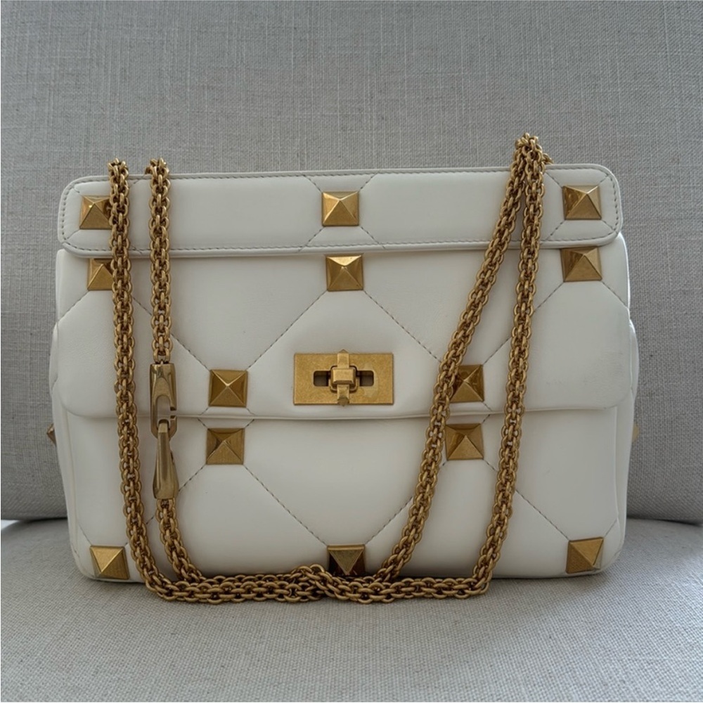 Valentino White and Gold Pyramid Stud Shoulder Bag